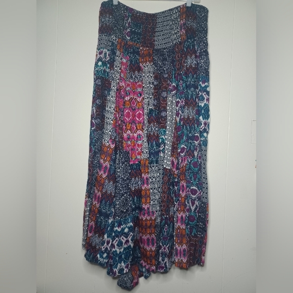 Coline Womens Patchwork Midi Full Skirt Boho Hippie Peasant Smocked Waist L/XL - Picture 1 of 6